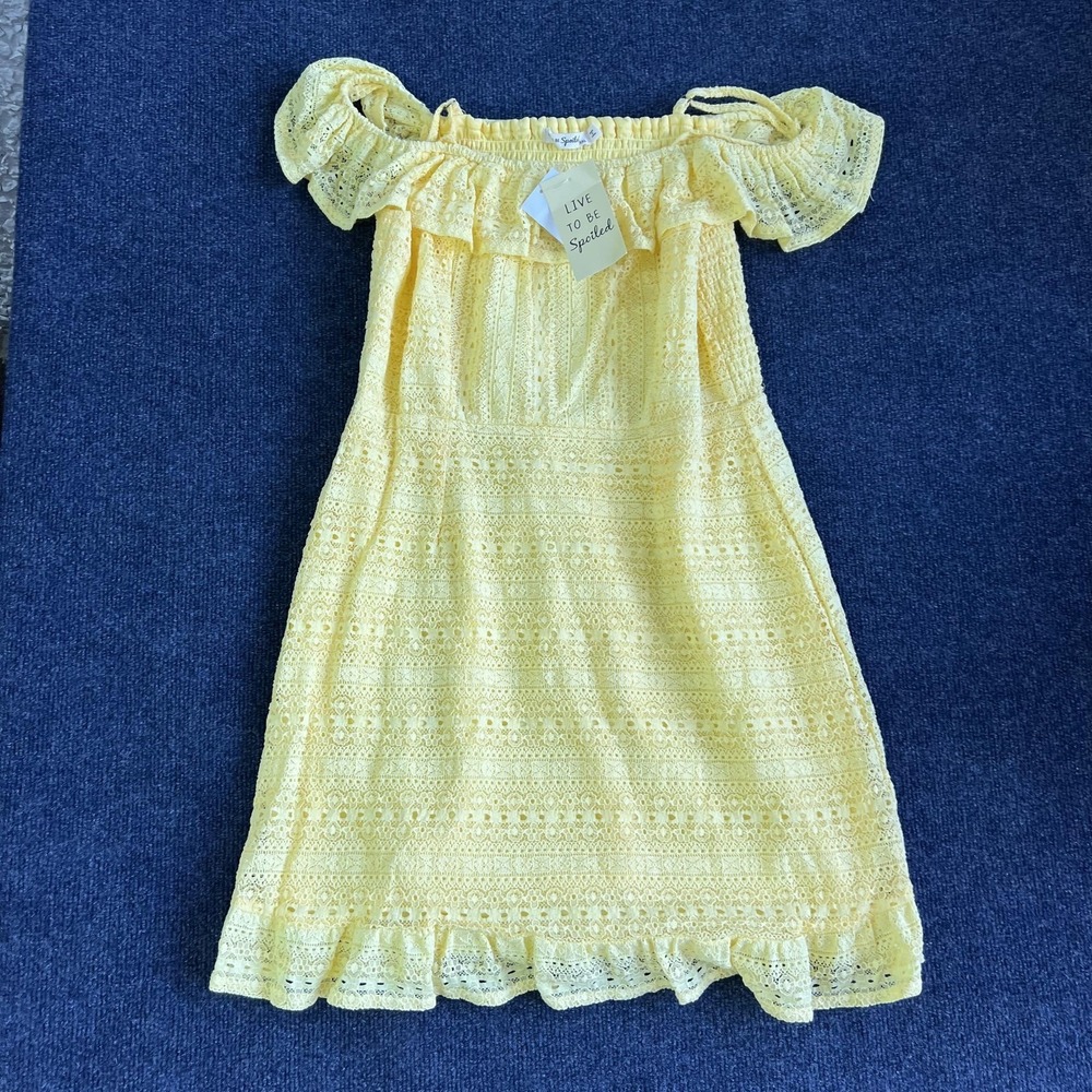 Spoiled Dress Juniors XXL Yellow Lace Off Shoulder Smocked Ruffle Short Sundress